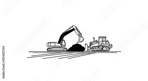 Construction vehicles, excavator and bulldozer, work together
