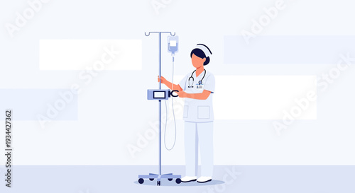 Nurse Adjusting IV Drip Stand with Infusion Pump, Medical Care Illustration