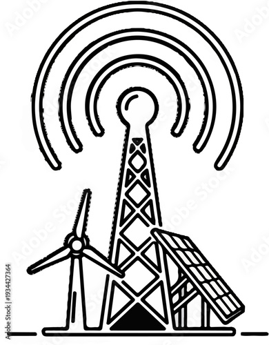 Communication tower with wind turbine and solar panel generating renewable energy