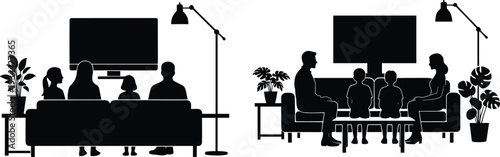 Family living room silhouette illustration, parents and children sitting together, watching television, family conversation vector art, bonding at home, lifestyle concept