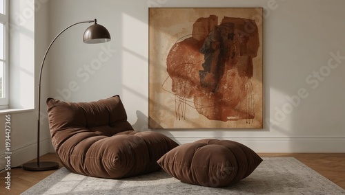 Minimalist living room with brown lounge chair, abstract art, floor lamp, and natural light from large window