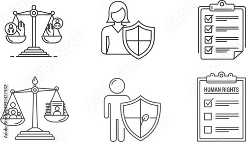 Human rights and social justice icons depicting scales of justice, shield for protection, and checklists for accountability and fairness in society