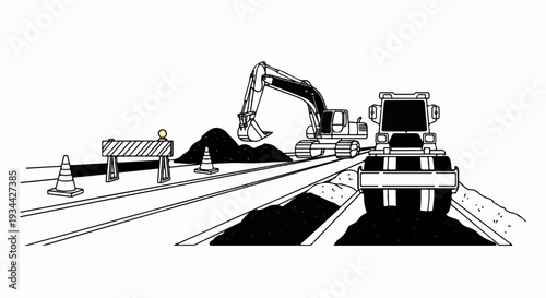 Construction scene with heavy machinery on a road project