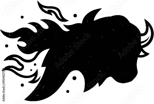 Silhouette of a charging bull head with fiery mane, scattered dots