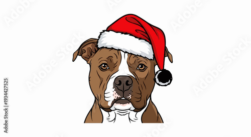 Brown and white dog wearing a red Santa hat with a white trim and pompom