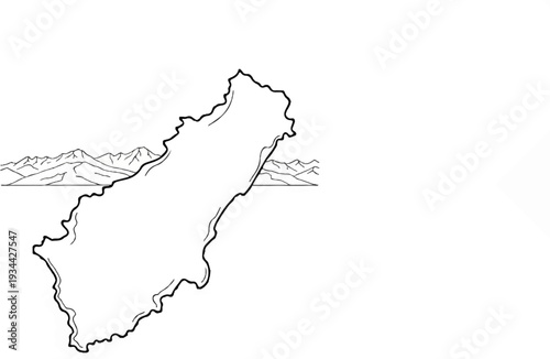 Outline map of a landmass with mountain ranges in background