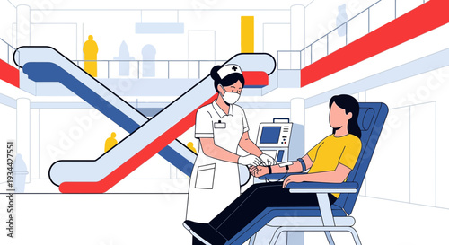 Nurse Administering Blood Draw to Patient in Modern Clinic Setting with Escalators