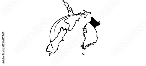 Outline of New Zealand and South Korea with a plane flying