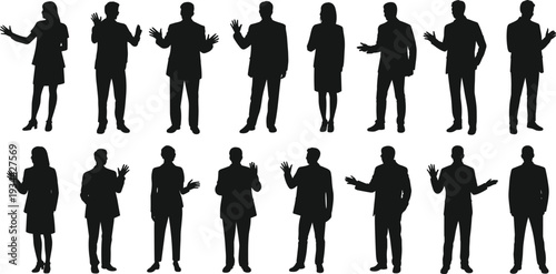 Business people silhouettes set, men and women standing and gesturing, corporate communication, presentation poses, professional workforce concept isolated vector illustration