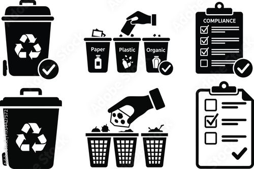 Recycling and waste management symbols illustrating proper sorting and compliance checks