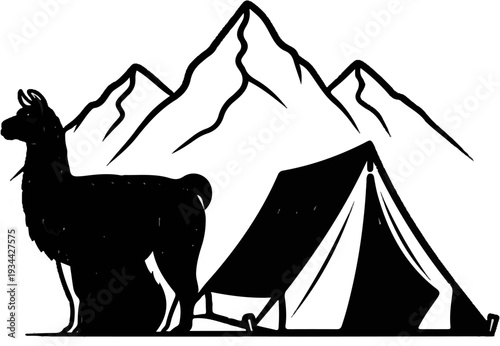 Black silhouette of a llama and tent against stylized mountain peaks