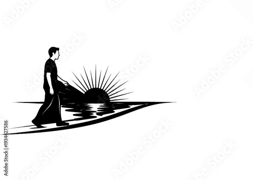 Silhouette of a person walking towards a stylized sunrise over water