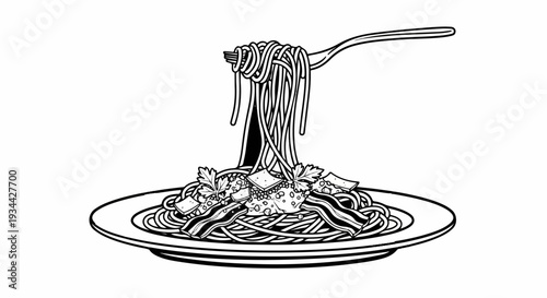 Black and white illustration of spaghetti on a plate with a fork lifting noodles