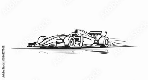Black and white outline of a sleek, low-profile race car in motion