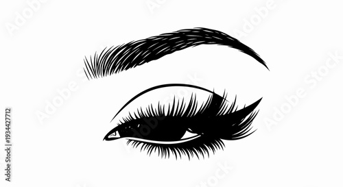 Black and white sketch of a woman's eye with full lashes and brow