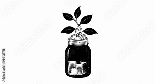 Black and white illustration of plant growing from coins in a jar