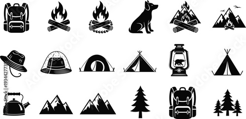 Camping and outdoor adventure icons set featuring backpack, tents, campfire, mountains, forest, lantern, kettle, dog, and hiking gear silhouettes