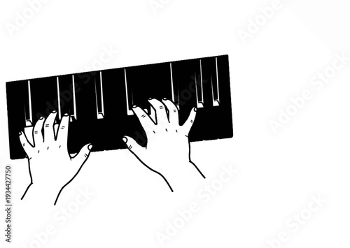 Sketch of hands playing a piano keyboard with black and white keys