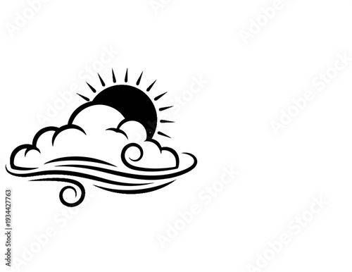 Black and white illustration of sun partially obscured by clouds and wind swirls