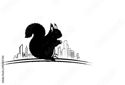 Silhouette of a squirrel with a city skyline behind it