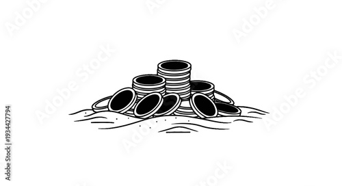 Stacked coins and scattered pieces on a wavy surface