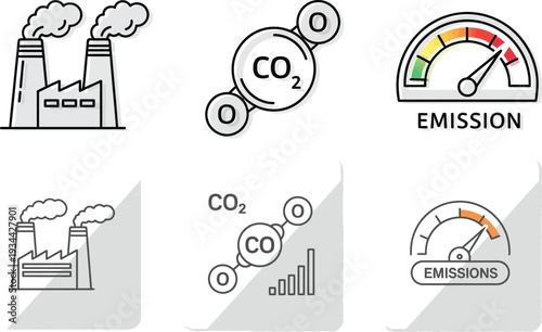 Factory emissions, carbon dioxide molecules, and emission gauge icons representing environmental impact and industrial output for sustainability initiatives