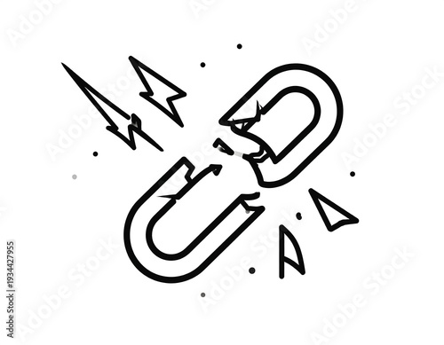 Bold line drawing depicts a broken, open chain link surrounded by particles, with lightning bolt details, on white
