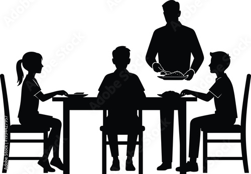 Family dining table silhouettes, mealtime vector illustration set, parent serving children artwork, daily routine design elements, social interaction graphics collection