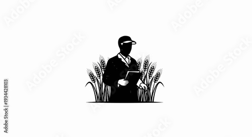 Silhouette of farmer in cap holding notebook amidst wheat stalks
