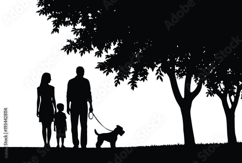 Family walking with dog silhouette vector illustration, outdoor park design, parents children clipart, nature leisure art, togetherness scene, black silhouette style