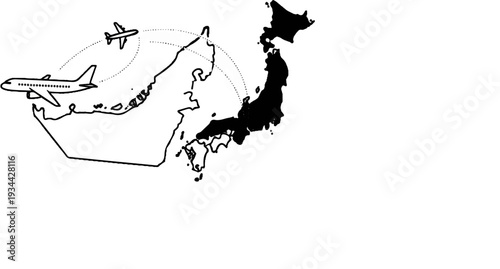 Airplanes fly between a map of Japan and a distant island nation