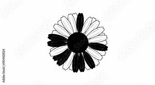 Abstract black and white daisy graphic with alternating dark and light petals