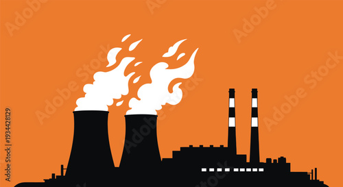 Flat illustration of a nuclear power plant's silhouette, emitting steam against an orange sky.