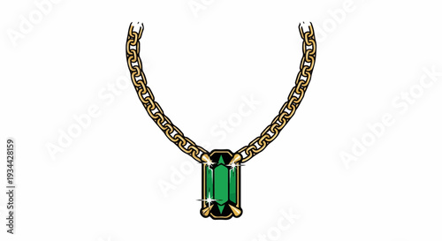 A thick gold chain necklace with a large, faceted green gemstone pendant