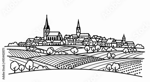 A stylized village with church spires sits on a hill above cultivated fields