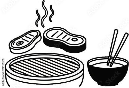 Steaks grilling with steam rising, served with a bowl and chopsticks