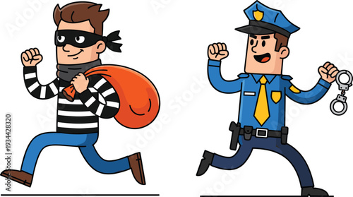 Cartoon illustration of police officer chasing masked thief carrying stolen goods sack, humorous crime scene concept with action, urgency, and law enforcement theme