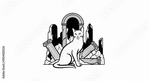 Stylized cat sits amidst ruins of ancient stone columns and arch