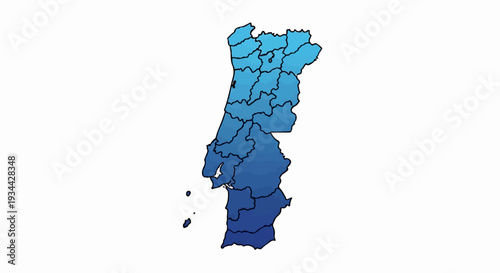 A stylized map of Portugal, divided into administrative regions by black outlines, rendered in a gradient of blue