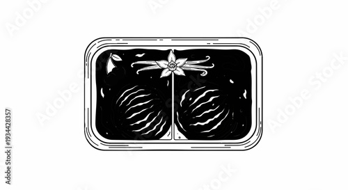 A stylized, black and white illustration of vanilla beans and scoops of ice cream