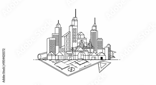 Stylized architectural drawing of a city skyline atop blueprints with drafting tools