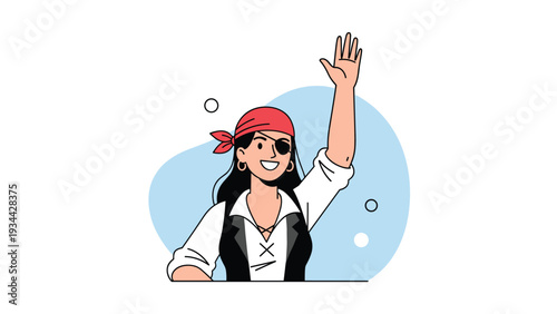 Friendly young female pirate with a red bandana and an eye patch waves her hand with a happy smile on a blue background.