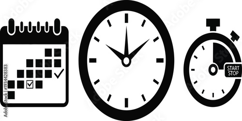 Time Management Icons: Calendar, Clock, Stopwatch - Planning and Scheduling Concept