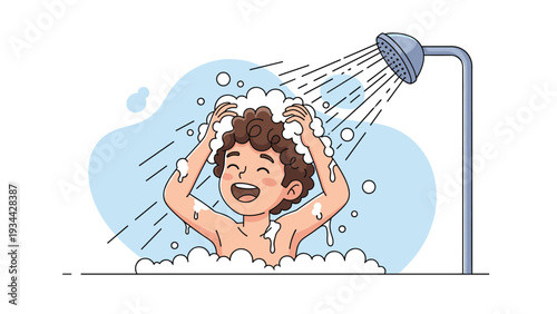 Happy young boy with curly hair takes a shower and washes his head with plenty of white soap bubbles and a smiling face.