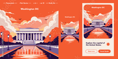 Lincoln Memorial at Sunset with Reflecting Pool – Panoramic Flat Vector Washington D.C. Illustration | USA US U.S. United States Scenic Banner, Card & Flyer Design
