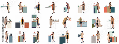 Modern woman in a trench coat performing various daily tasks and exploring home life scenarios, from cooking to organizing, in a stylish flat illustration collection.