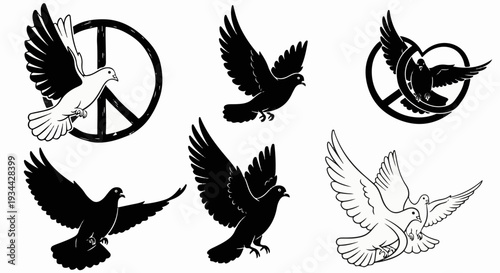 Stylized doves and peace symbols in various black and white designs