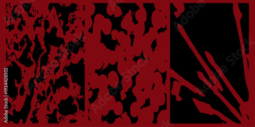 Set of three abstract dark red grunge textures with blood splatter, marble veins, and liquid drops. A collection of three distinct abstract textures featuring deep crimson red on a black background.