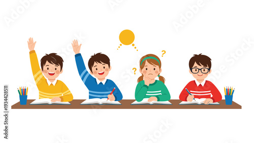 Group of elementary school students sitting at desks in a classroom with some raising their hands and others thinking about a problem.