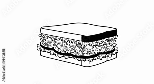 A simple black and white drawing of a stacked deli sandwich